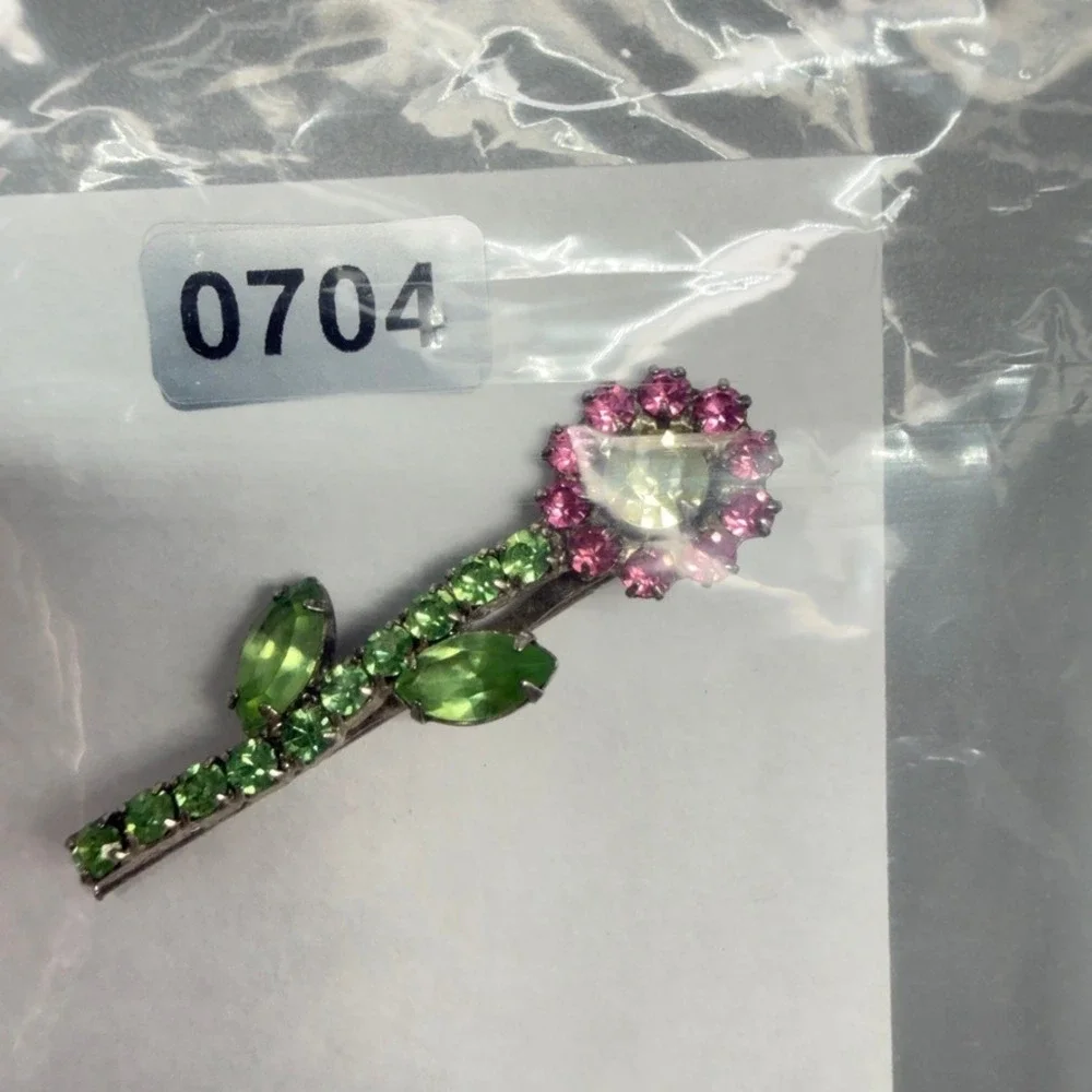 Vintage Uranium Glass Rhinestone Flower Hair Pin 2